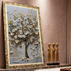 Quadro BIG - Árvore com Flores Brancas e Dourado