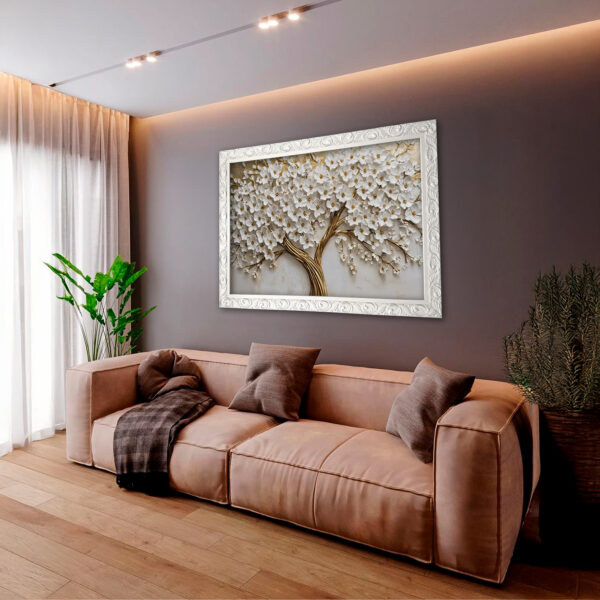 Quadro BIG - Árvore Dourada com Flores Brancas